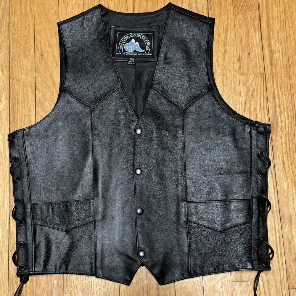 Himalaya Motorbike‎ Wear Black Genuine Leather Vest Size 42 Side Lace Snap Close